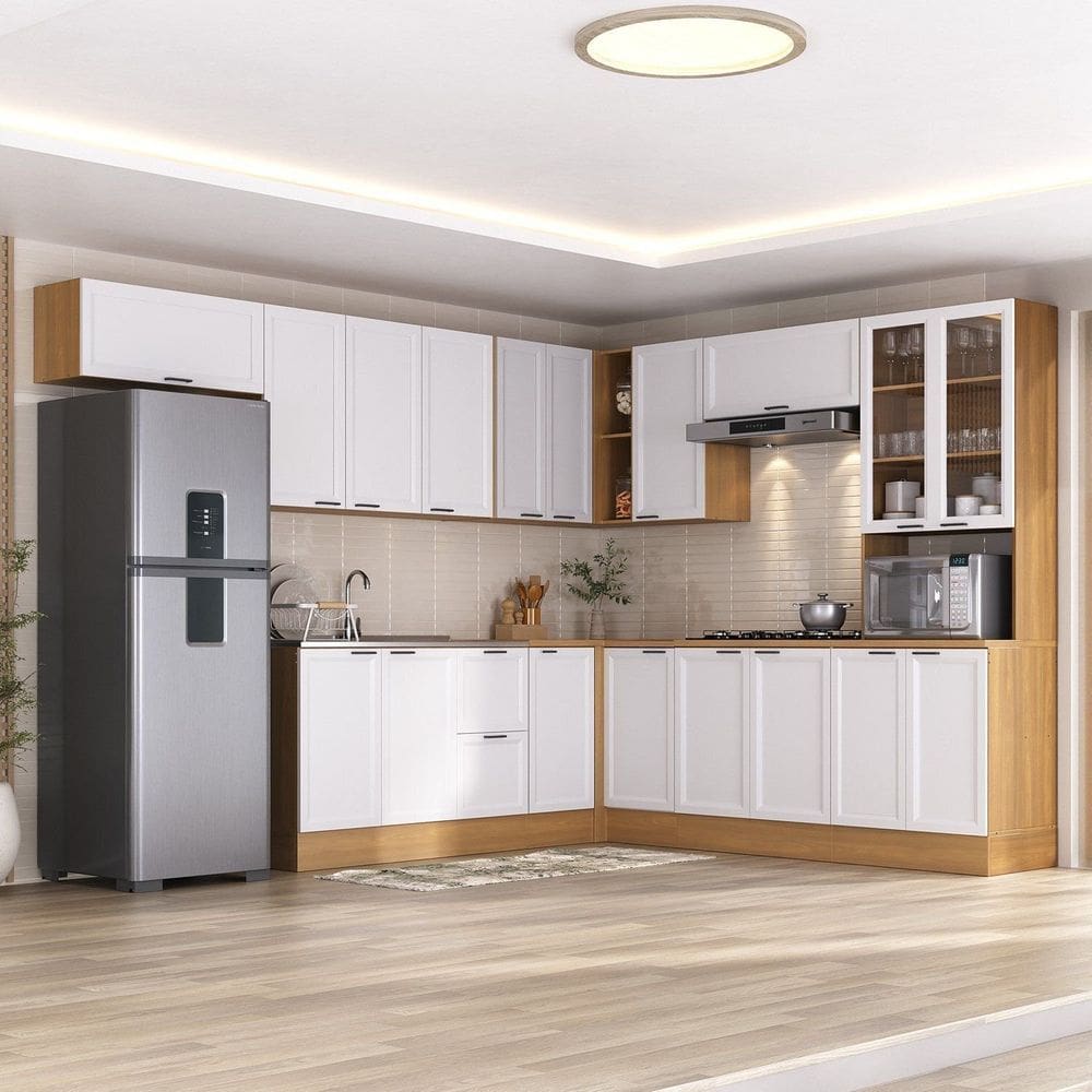 Cozinha Compacta 10 Peças 5 Aéreos 4 Balcões 1 Paneleiro Duplo Soho Cabecasa Madeiramadeira Freijó/Branco