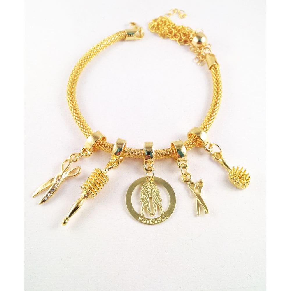 Pulseira Berloques Tesoura Escova Pente Folheado Ouro 18k
