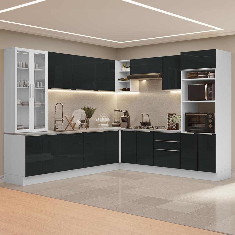 Armário De Cozinha Completa 566cm Lux Madesa 01 Branco/Preto
