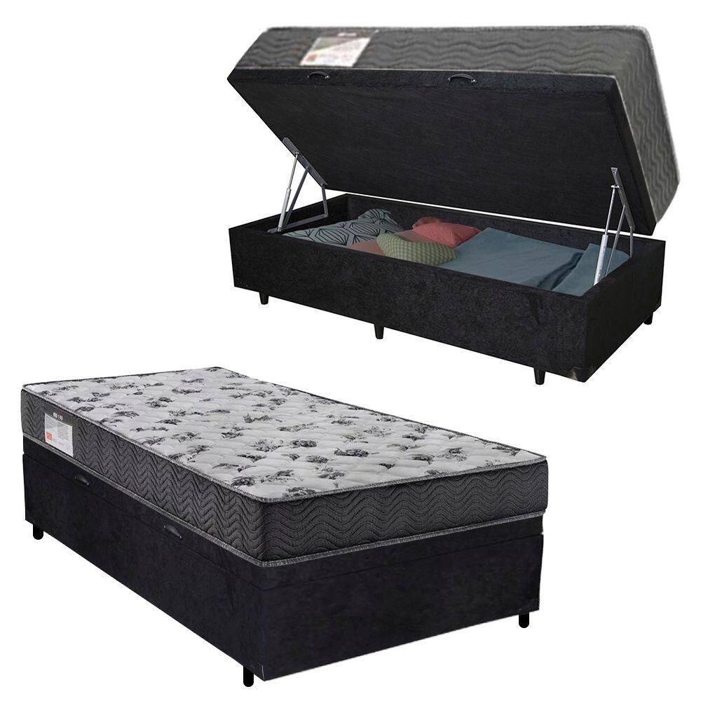 Cama Box Baú Solteiro Suede + Colchão De Espuma D33 - Serene - 88cm Cor:preto