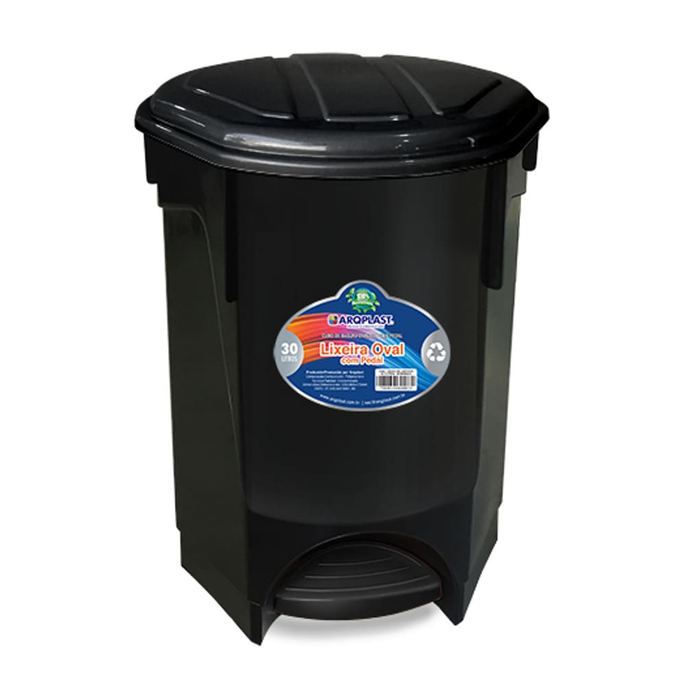 Lixeira Oval Com Pedal Preta Desmontada 30 Litros Arqplast