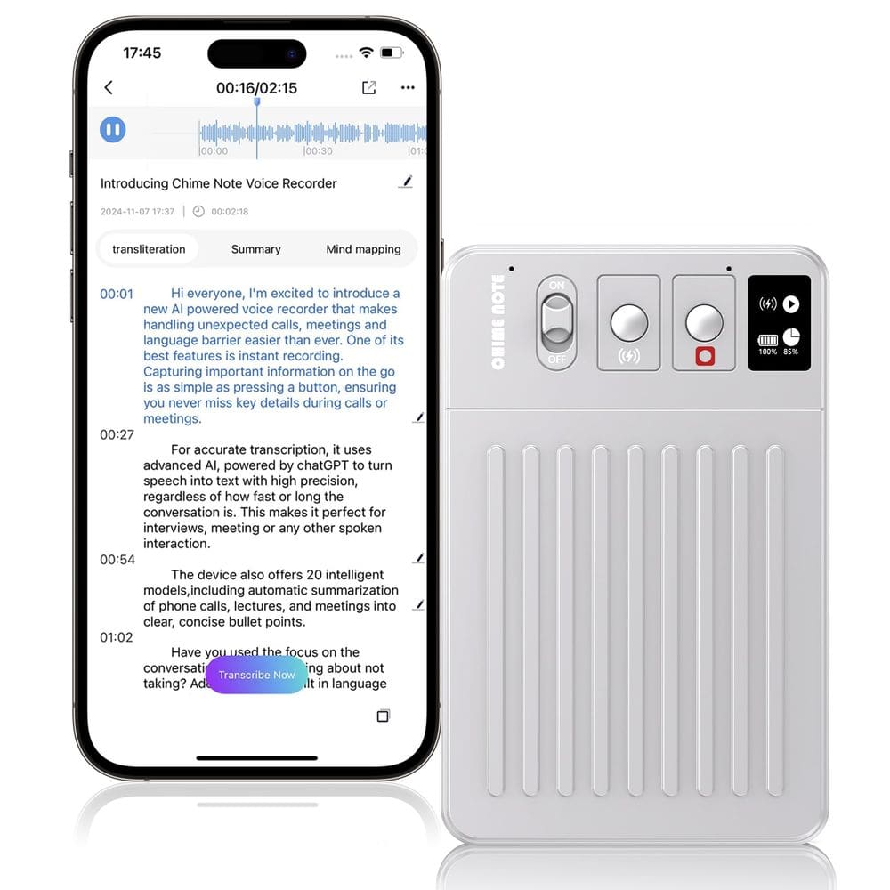 Gravador de voz AI ClicoByte CHIME NOTE Transcreve 107 idiomas