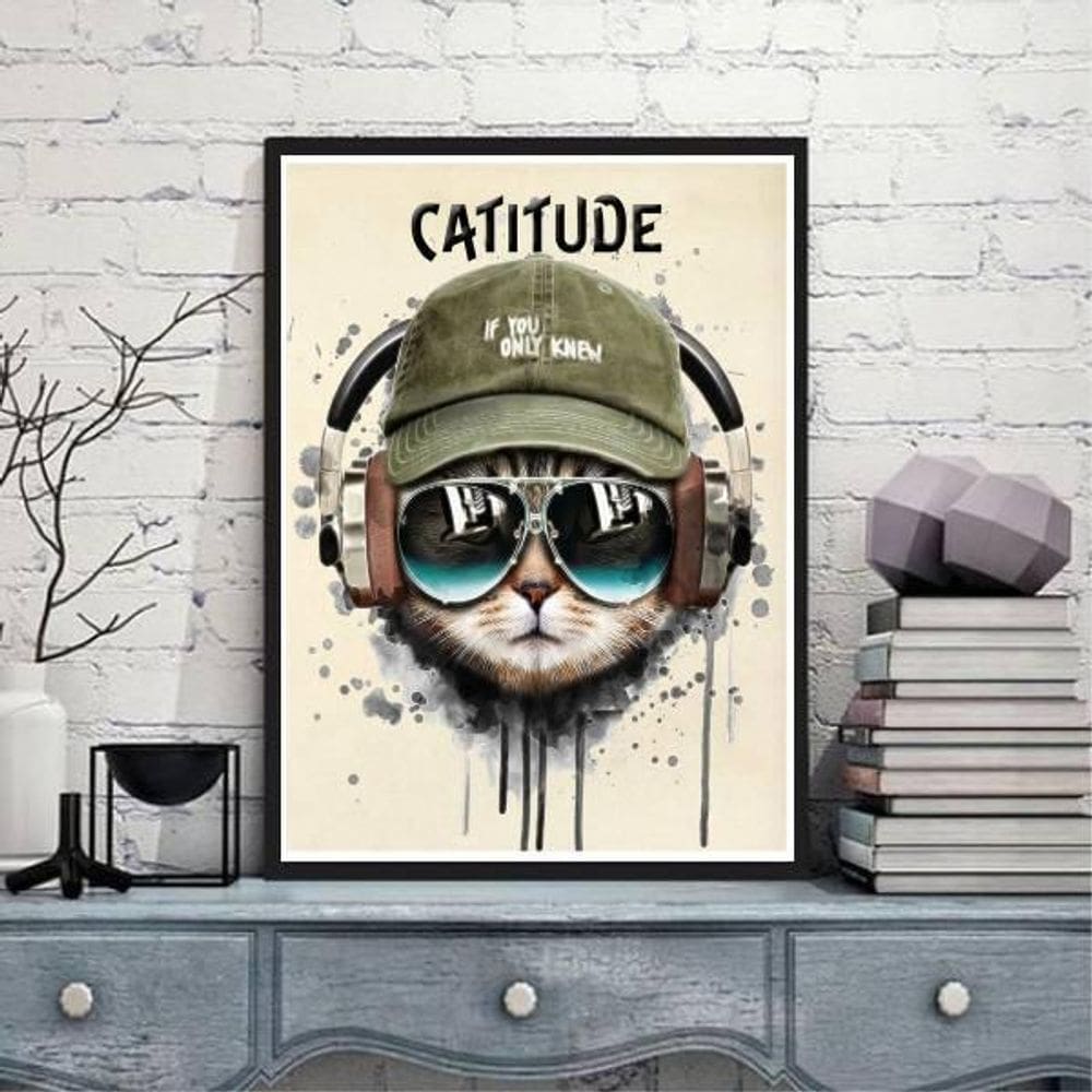 Quadro Decorativo Gato Catitude 45X34Cm Vidro Moldura Preta