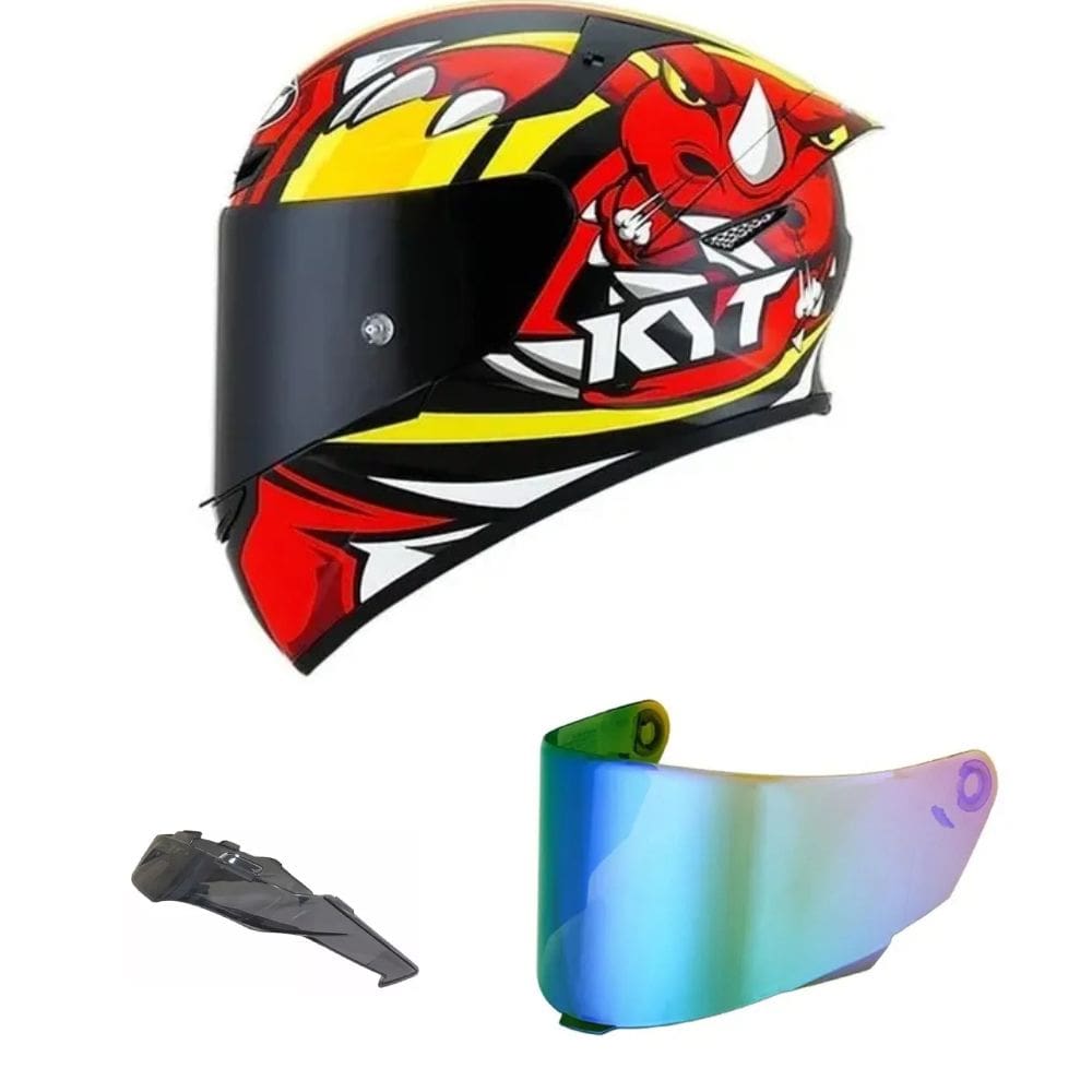 Capacete KYT TT Course Rhino Preto e Vermelho Mais Viseira Camaleão e Spoiler Fumê