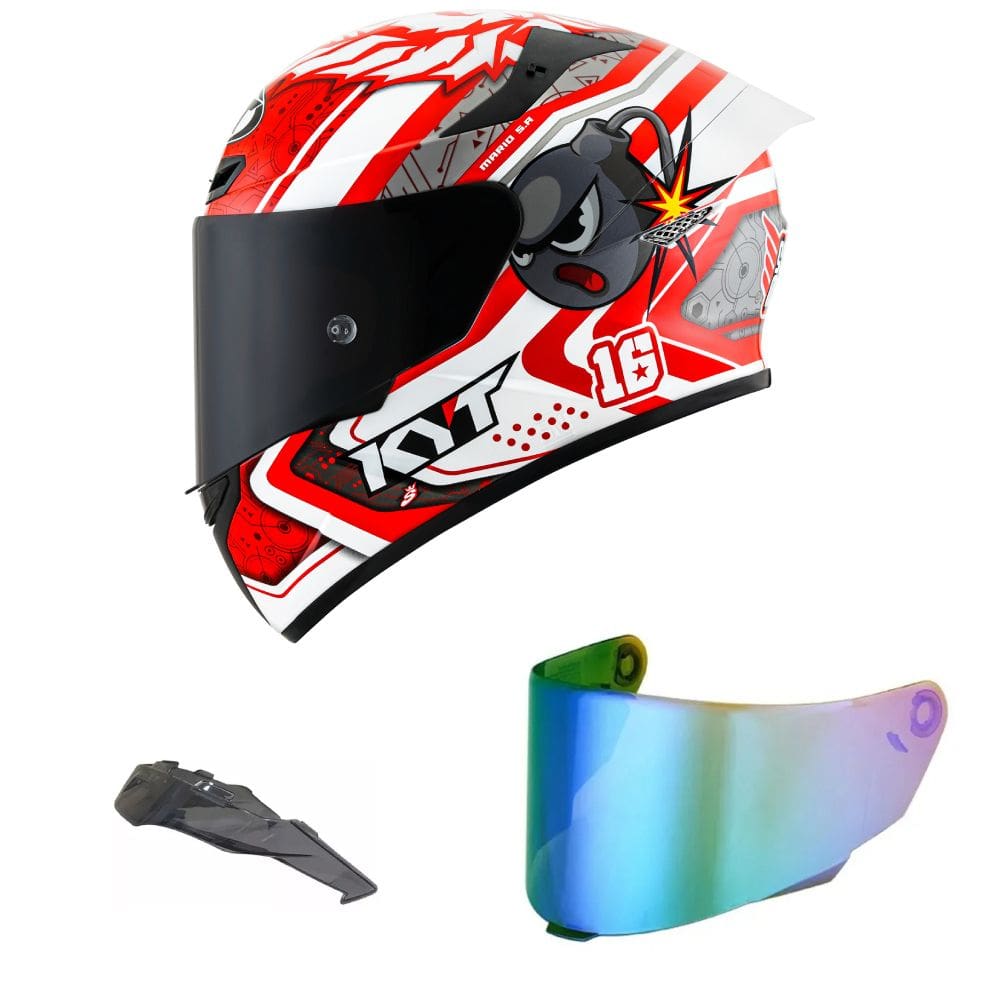 Capacete KYT TT Course Super Mario Branco e Vermelho Mais Viseira Camaleão e Spoiler Fumê