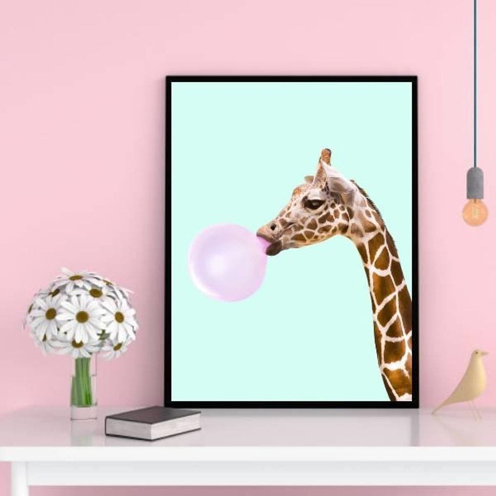 Quadro Decorativo Girafa Bubble Gum 33X24Cm - Madeira Preta