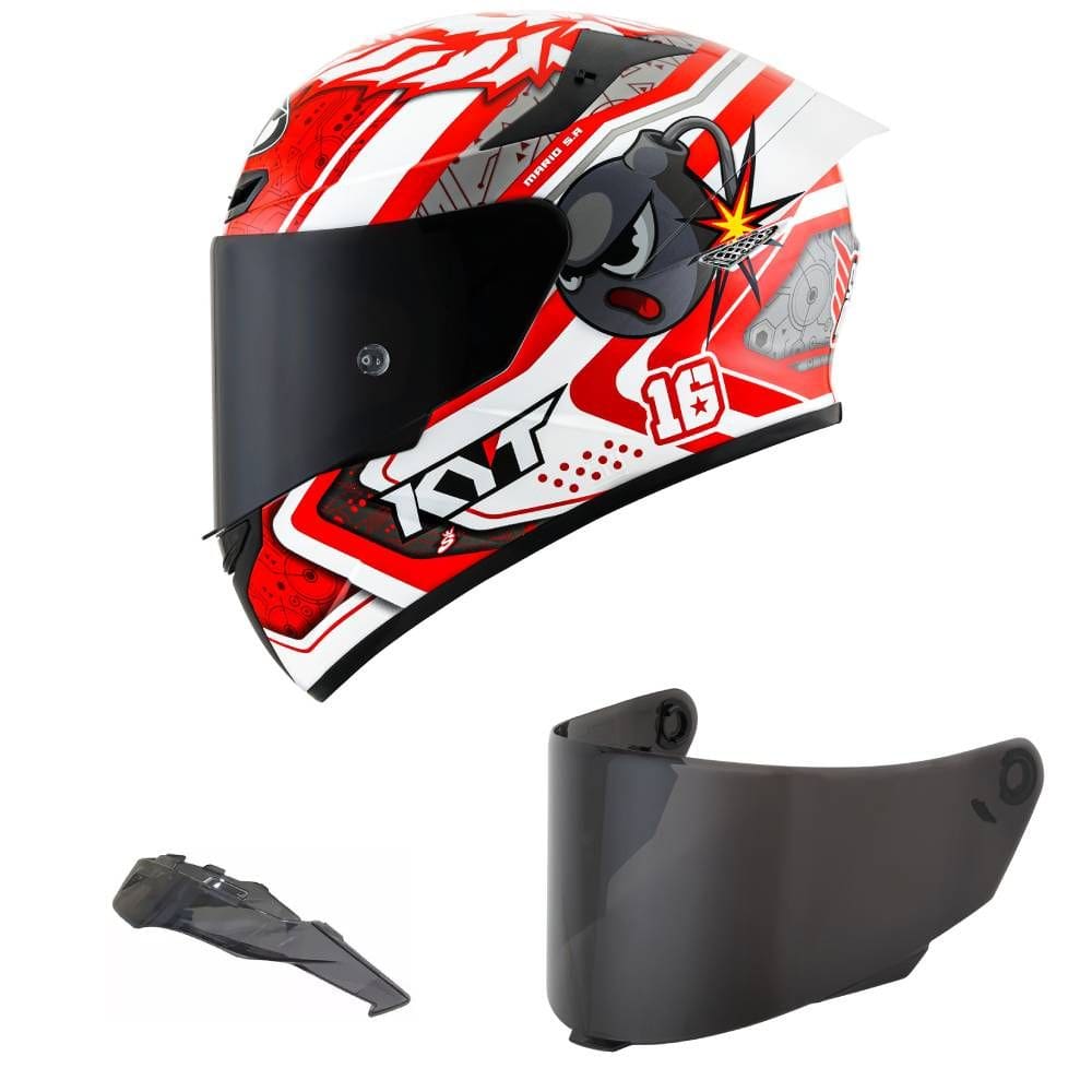 Capacete KYT TT Course Super Mario Branco e Vermelho Mais Viseira Fumê e Spoiler Fumê