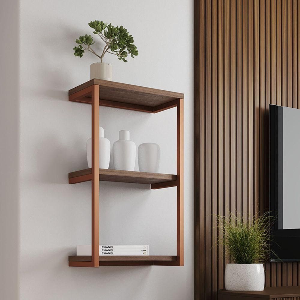 Nicho De Parede 3 Prateleiras Cobre E Imbuia Marrom