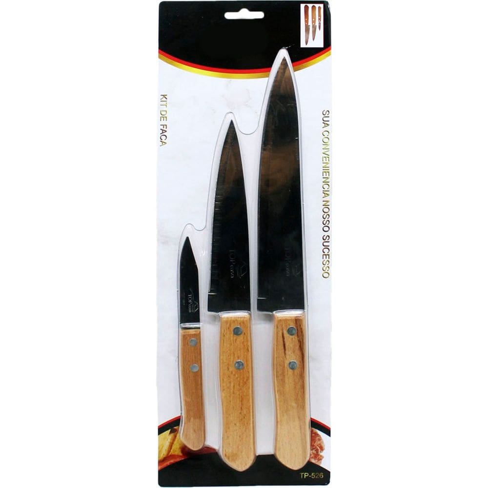 Kit Jogo Facas Faqueiro Cozinha Churrasco Cabo Madeira 3Pçs