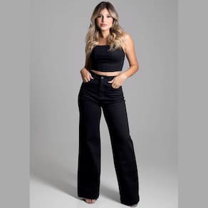 Calça Feminina Wide Leg Sarja preta Sawary 275028