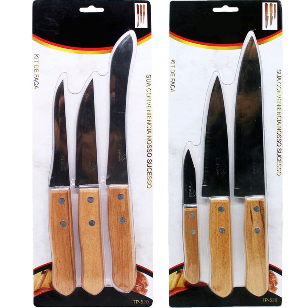 Kit Jogo Facas Faqueiro Cozinha Churrasco Cabo Madeira 6Pçs