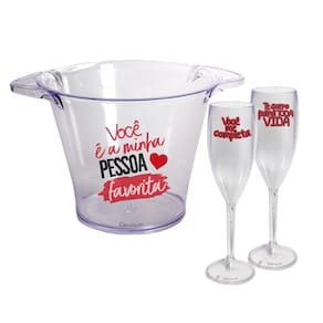 Kit Taça Champanhe E Balde De Gelo Acrilico Namorados