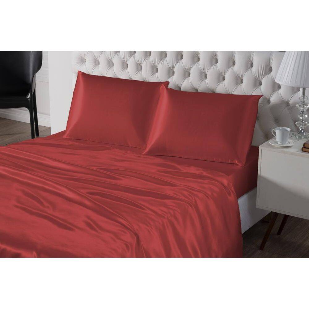 Lençol De Seda 4 Peças Casal Queen Vermelho Cetim