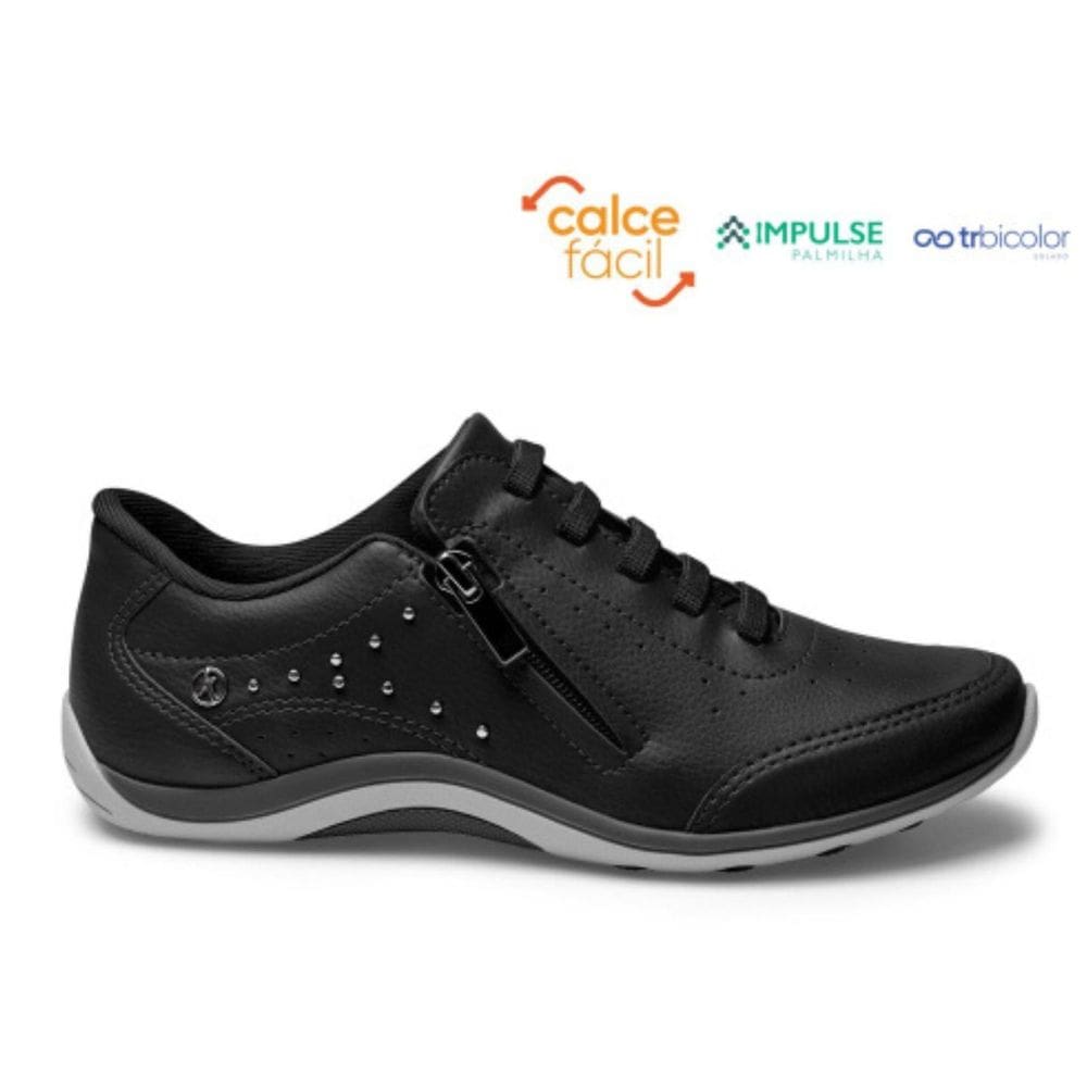 tenis feminino kolosh casual preto com ziper detalhe lateral