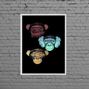 Quadro Três Macacos Sábios 24X18Cm - Com Vidro Branca