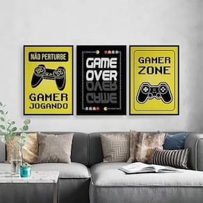 Kit Quadros Gamer Zone Amarelo E Preto 33X24Cm 3 Peças