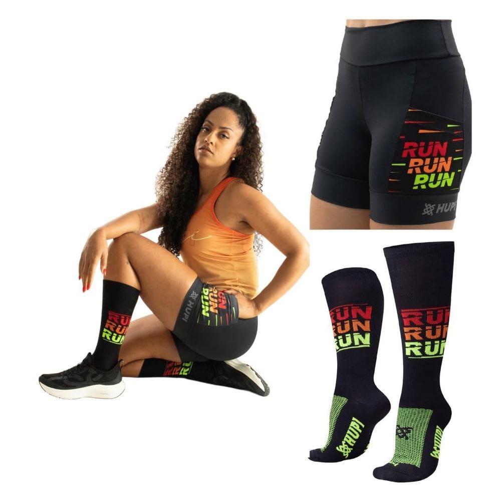 Kit Corrida HUPI RUN: Bermuda Curta Feminina e Meia Longa