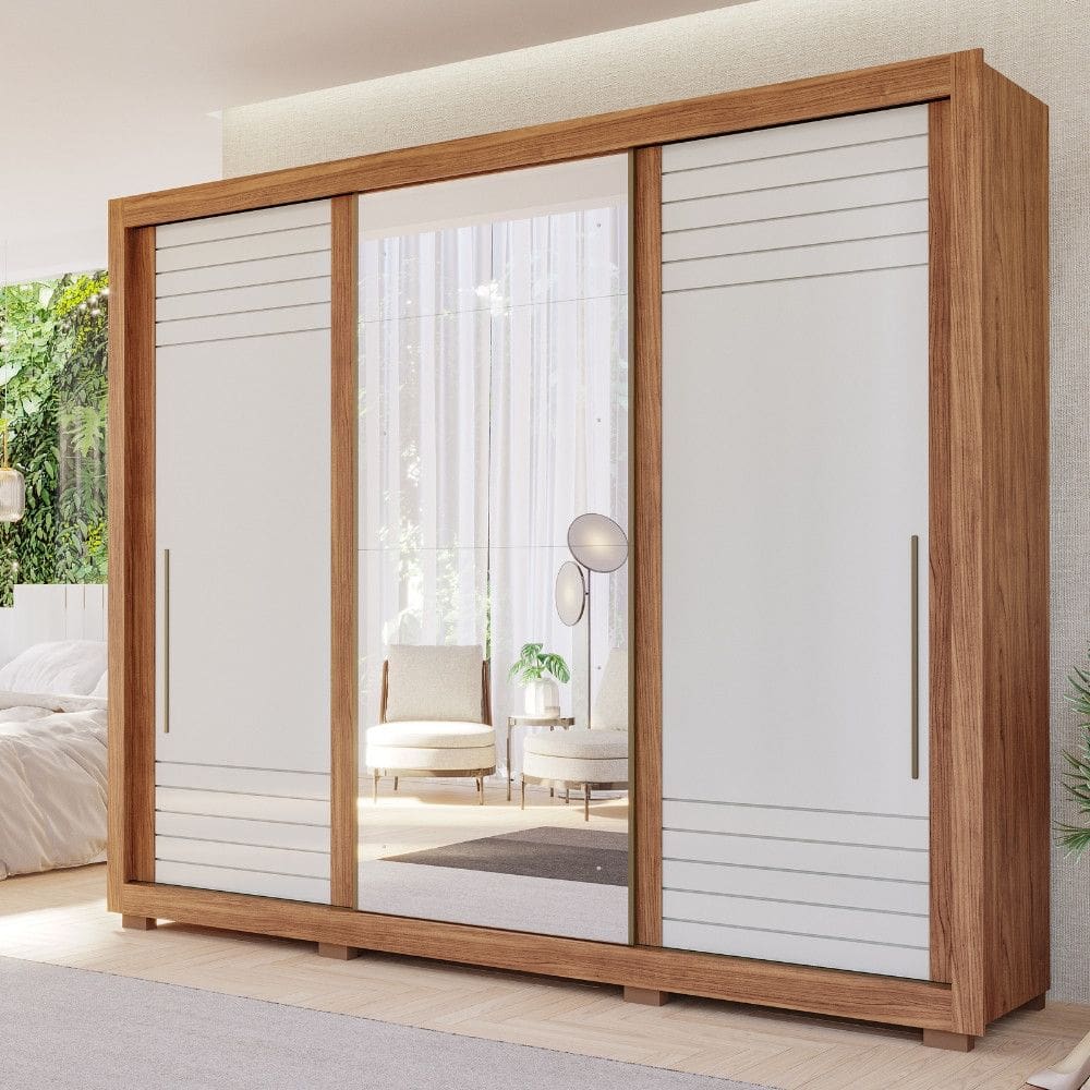 Guarda Roupa Casal com Espelho e Pés 3 Portas de Correr 100 MDF Vitoria Panan