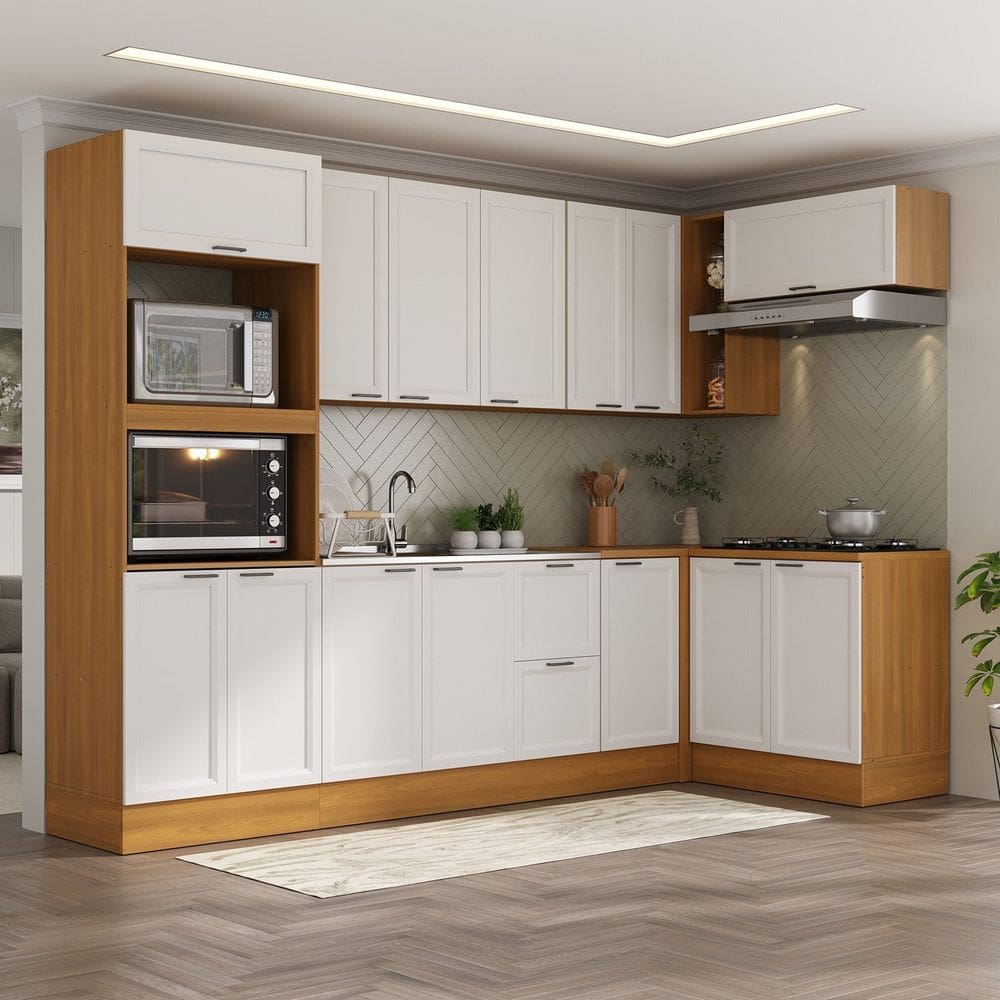 Cozinha Compacta 7 Peças 3 Aéreos 3 Balcões 1 Paneleiro Torre Quente Soho Cabecasa Madeiramadeira Freijó/Branco