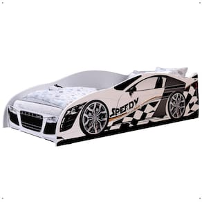 Cama Carro Solteiro Infantil Speedy MDF Montessoriana Colchão Juvenil D20 88x188 cm Incluso Decoração Quarto Menino - Branco - RPM