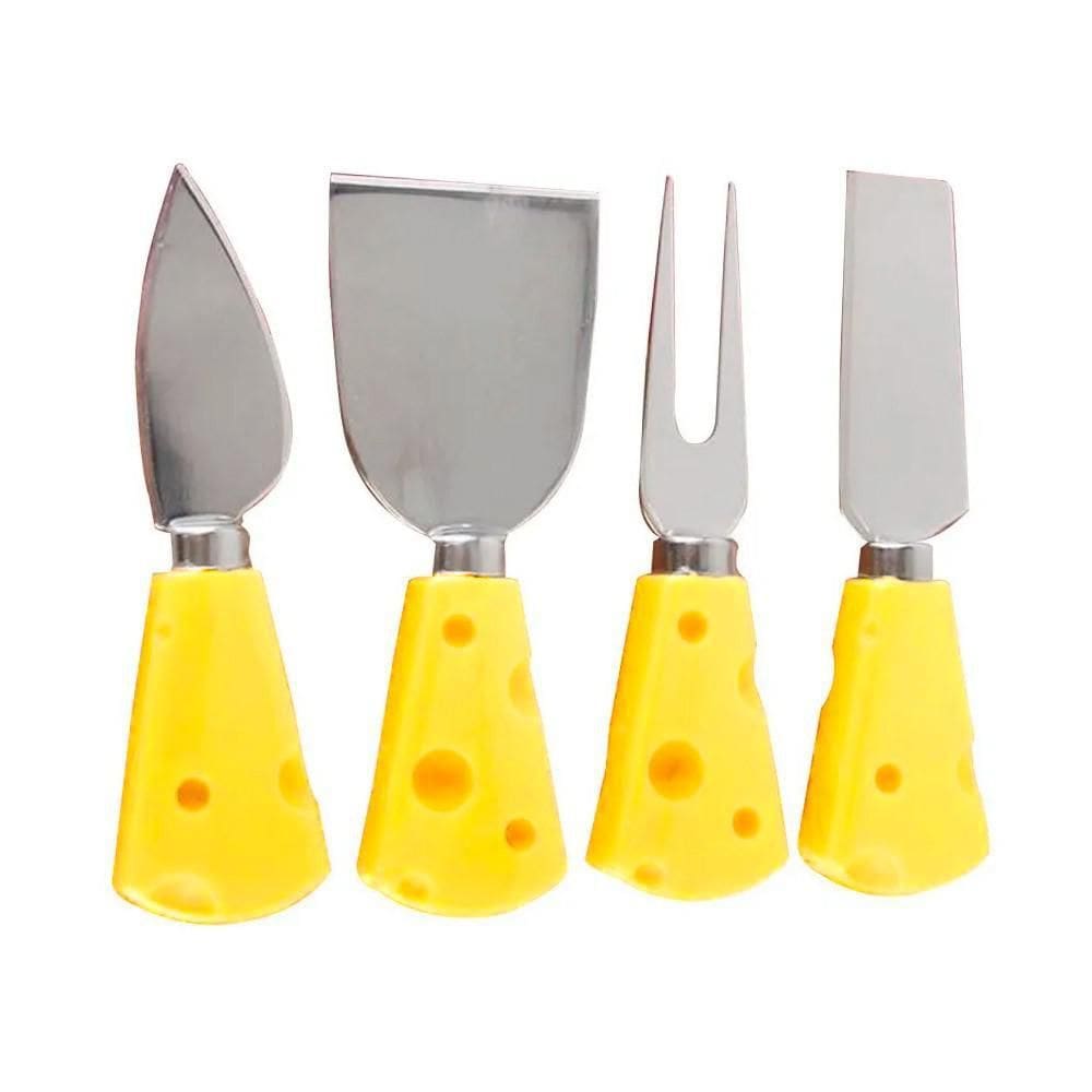 Kit 4 Peças Queijo Inox - Cabo Anatômico - Amarelo - 13cm