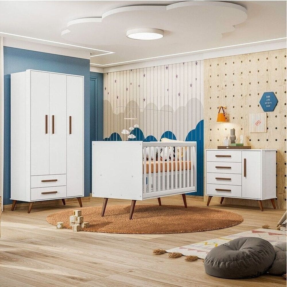 Conjunto Quarto de Bebê Encanto Retrô 1 Berço 1 Cômoda 4 Gavetas 1 Guarda Roupas 3 Portas Branco