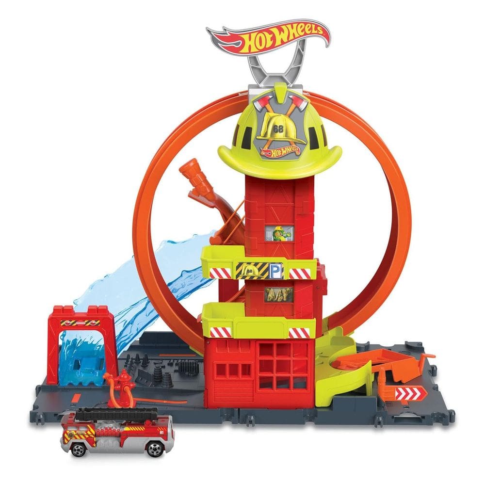 Conjunto de trilhas para carros de brinquedo Hot Wheels City Super Loop Fire Station
