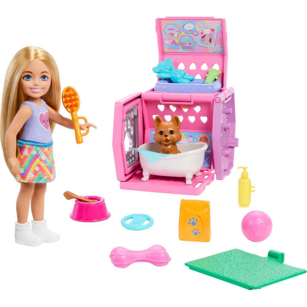 Playset Barbie Chelsea Puppy Carrier com boneca pequena e acc