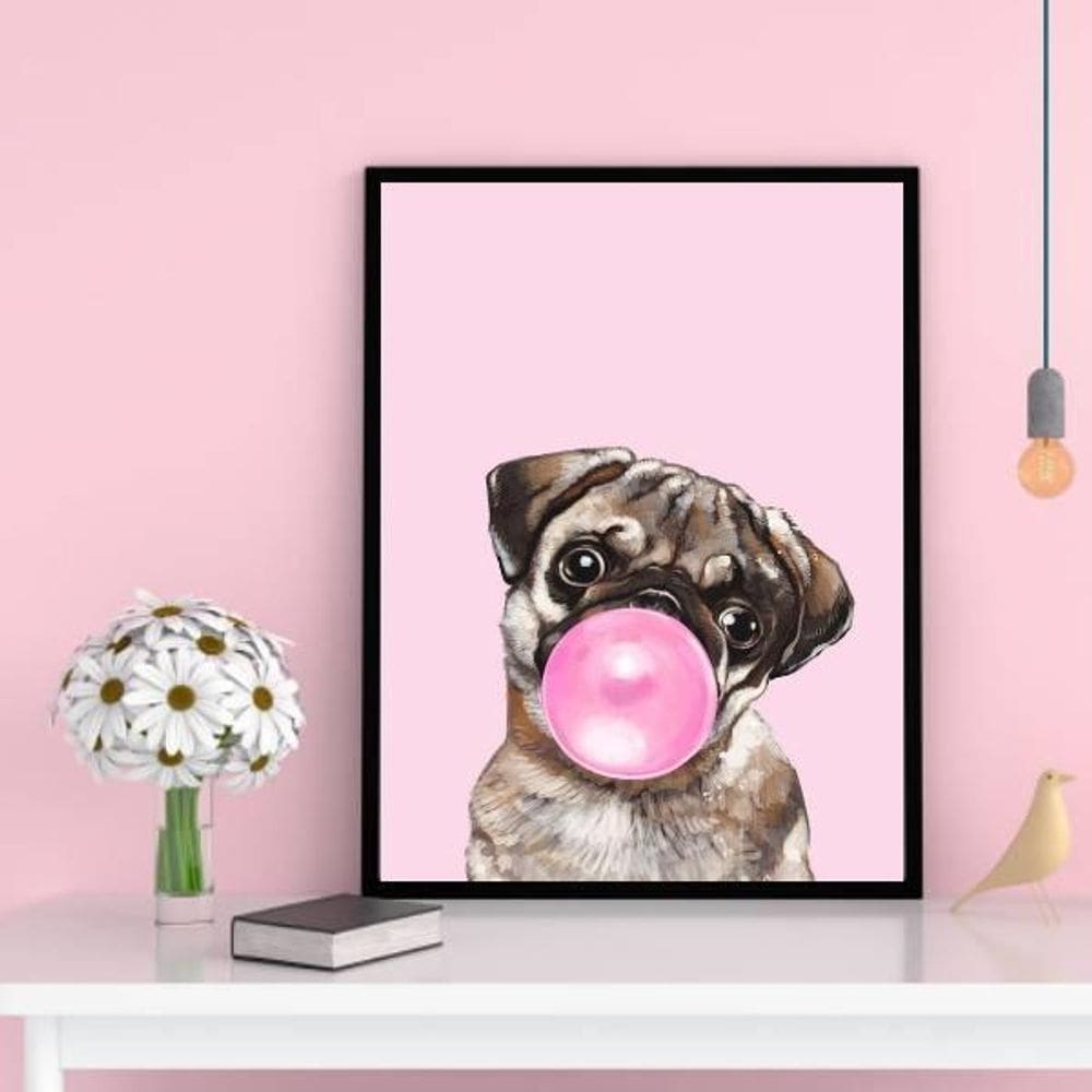 Quadro Decorativo Pug Bubble Gum 33X24Cm - Madeira Preta