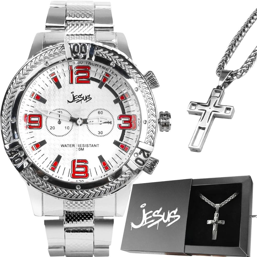 Relógio Masculino Prata Aço Inox Qualidade Pesado Luxo Religioso Jesus Qualidade + Caixa Barato