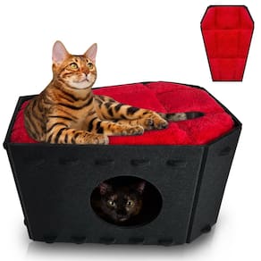 Cama de gato em forma de caixão gótico para gatos ou animais de estimação em ambientes fechados, preta