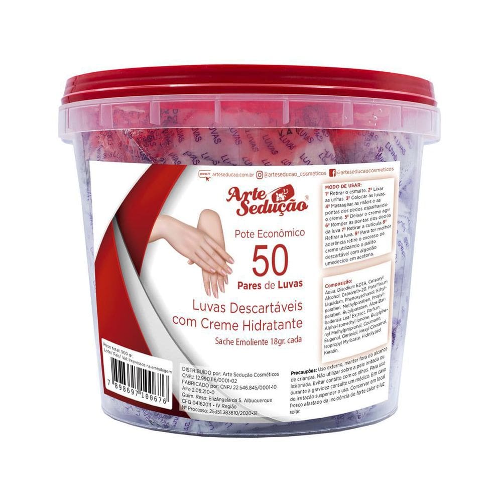 Luvas Com Creme Emoliente Manicure, Arte Sedução, 50 Pares