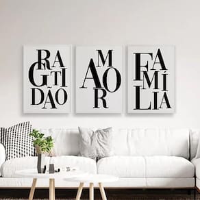 Kit 3 Quadros Gratidão Amor E Família 33X24 C/Vidro - Branca