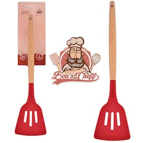 Espatula Vazada De Silicone Vermelho Cabo Madeira Bons Cheff