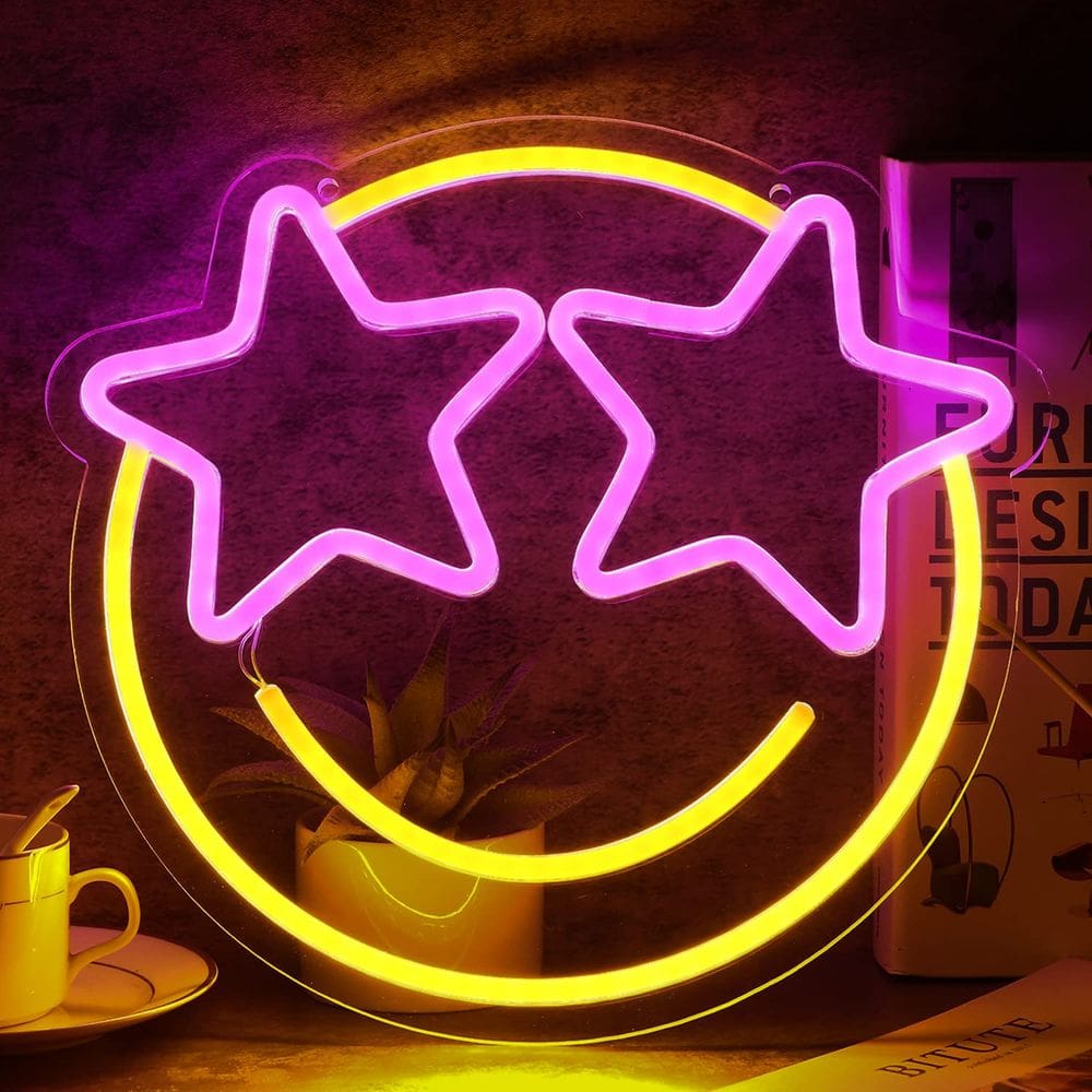 Placa de néon Wootfairy Smile Face para decoração de parede, regulável em 30 x 29 cm
