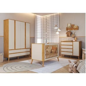 Quarto de Bebê Completo 1 Guarda-roupa 1 Cômoda 1 Berço Minicama 100% Mdf Luly Espresso Móveis Off White/Amêndoa