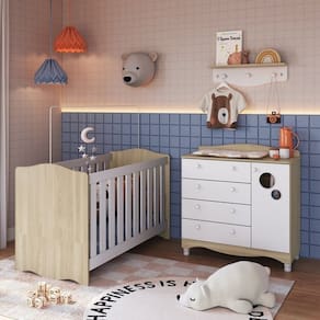 Conjunto Quarto de Bebê 1 Berço 1 Cômoda Trocador 4 Gavetas 1 Prateleira Carvalho Araguaia/Branco