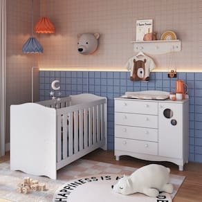 Conjunto Quarto de Bebê 1 Berço 1 Cômoda 4 Gavetas Trocador 1 Prateleira Branco