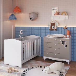 Conjunto Quarto de Bebê 1 Berço 1 Cômoda Trocador 4 Gavetas 1 Prateleira Branco/Cinnamon