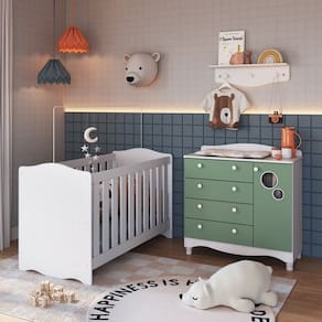 Conjunto Quarto de Bebê 1 Berço 1 Cômoda 4 Gavetas Trocador 1 Prateleira Branco/Verde