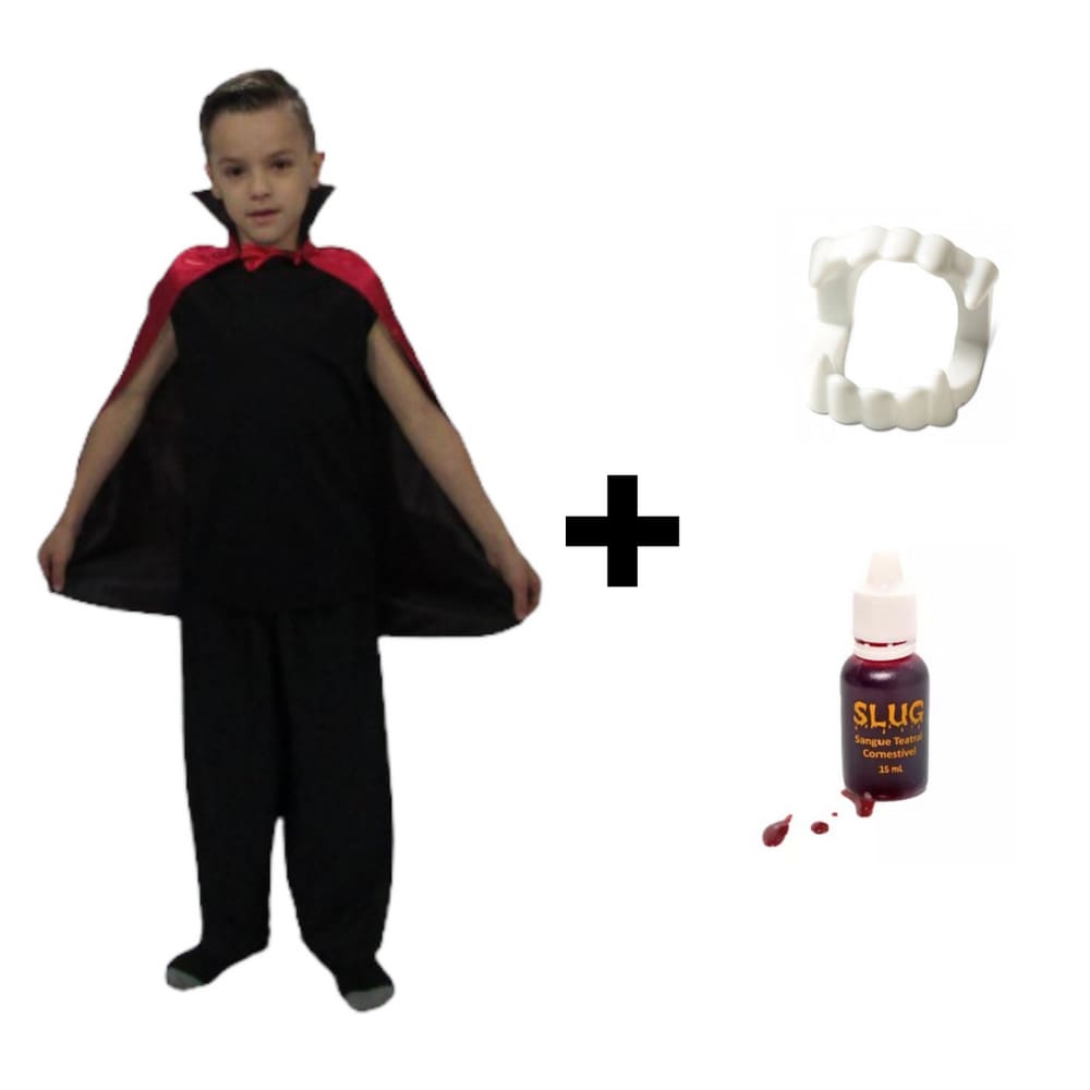 Fantasia Halloween Menino Conde Drácula Capa de Vampiro Infantil Completo com Sangue e Dentadura