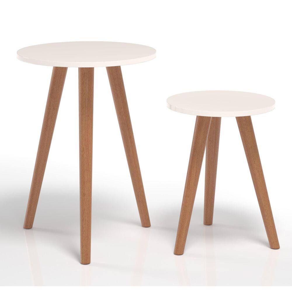 Conjunto Mesa De Canto Pé Palito Tripé Redonda Off White