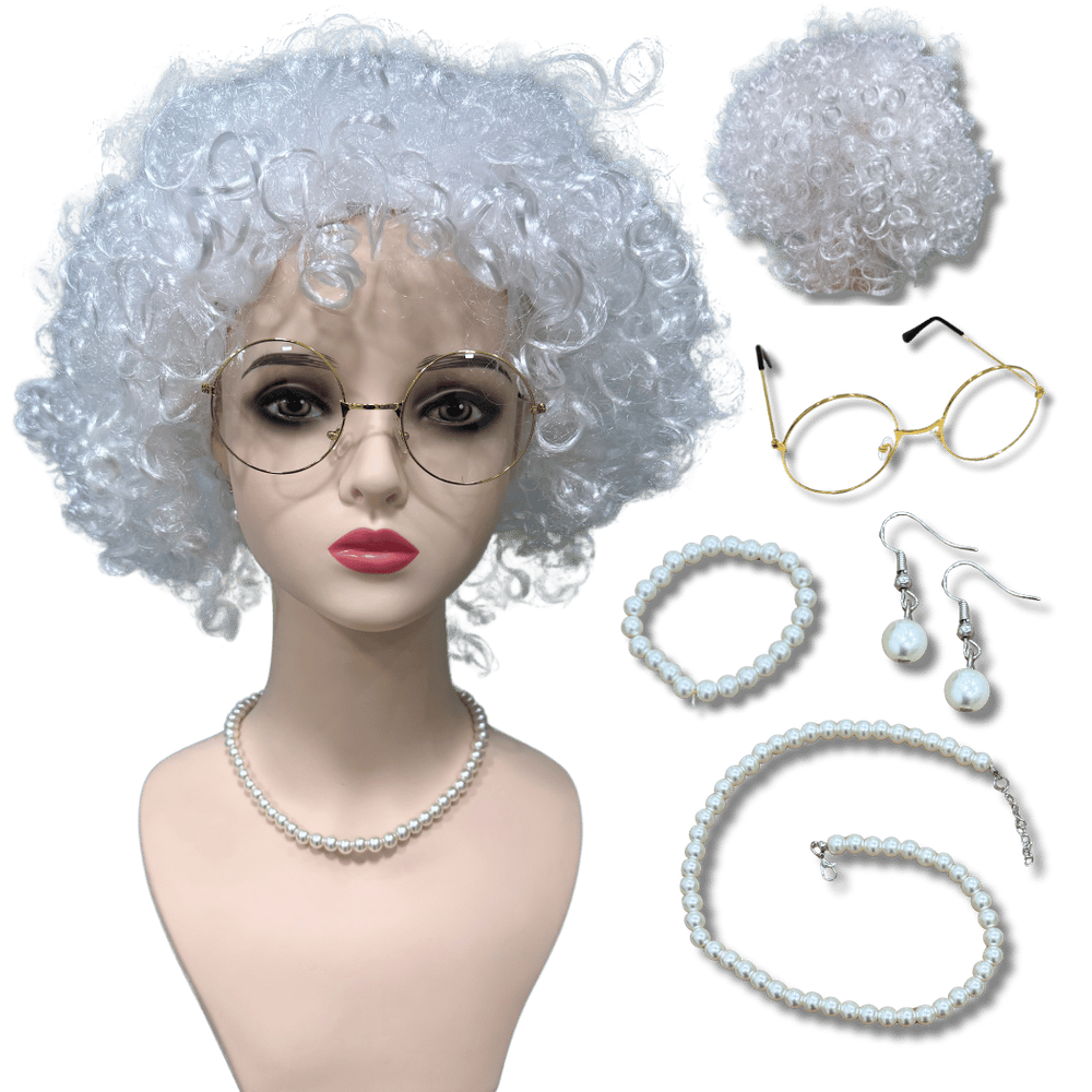 Kit completo peruca da vovó vovozinha idosa cacheada branca
