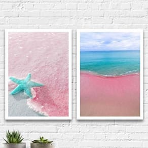Kit 2 Quadros Mar Verão Rosa E Azul 33X24Cm