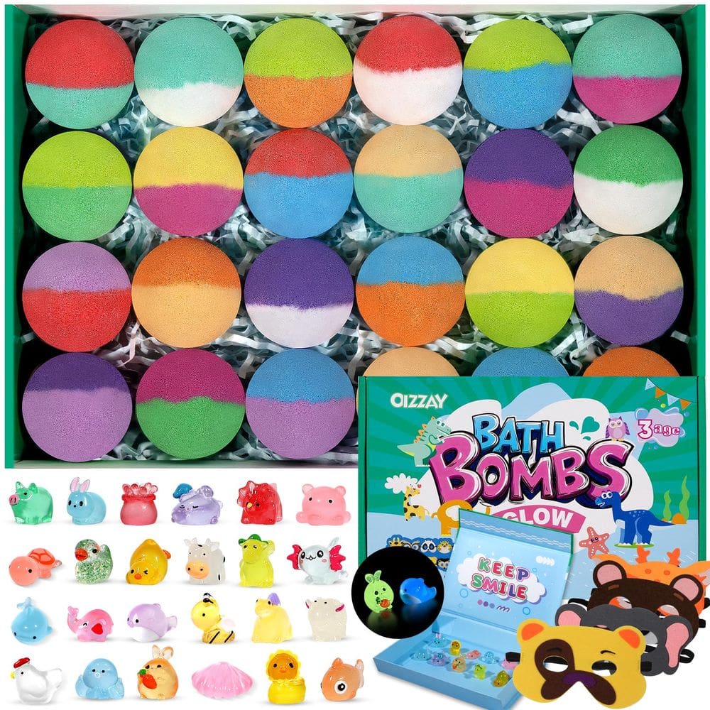 Pacote de 24 bombas de banho OIZZAY para crianças com brinquedos que brilham no escuro