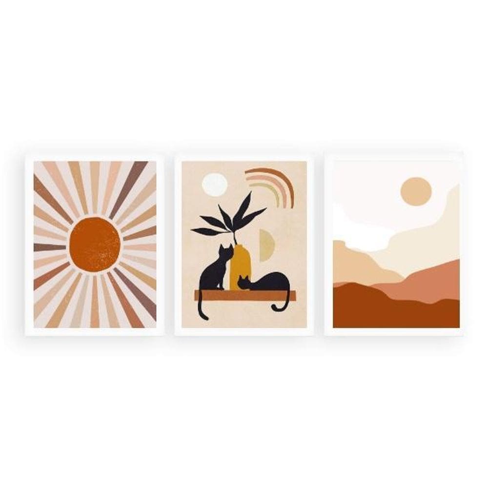 Kit Quadros Boho Gatos Sol E Lua 45X34Cm - Com Vidro 3 Peças