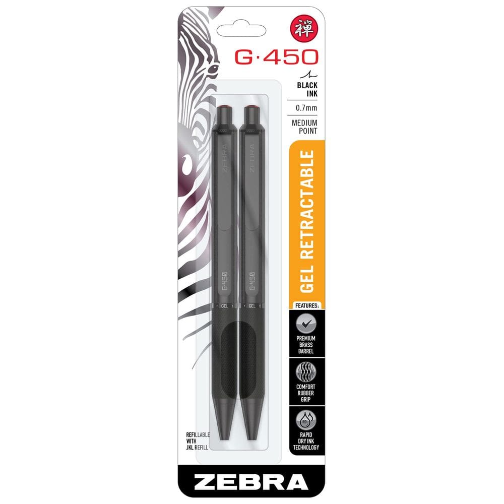 Caneta de gel Zebra Pen G-450, tinta preta retrátil de 0,7 mm, pacote com 2