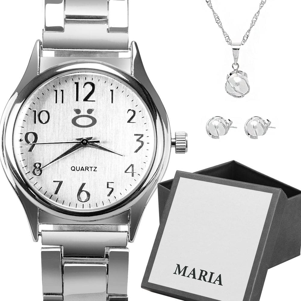 Relógio Feminino Prateado Moda Ponteiro Luxo + Colar Brincos Caixa Qualidade Garantia Presente