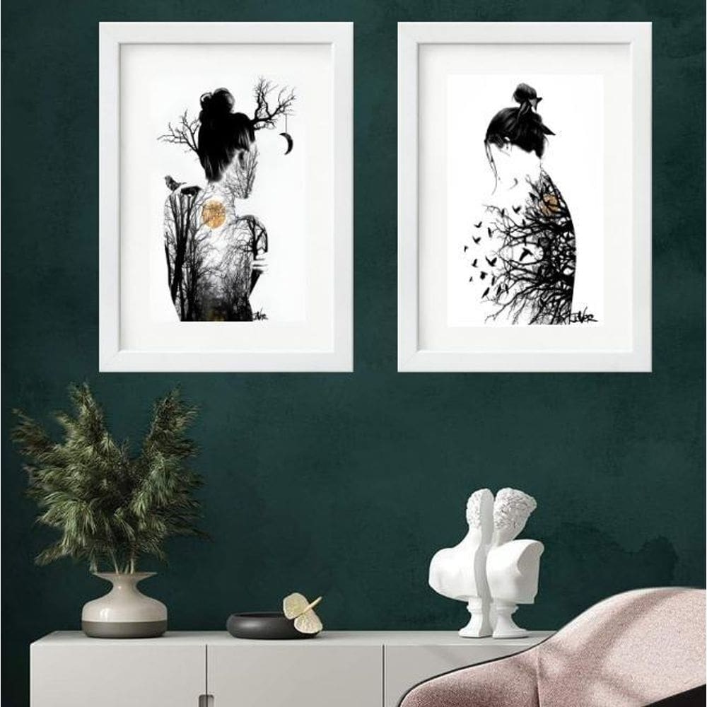 Kit 2 Quadros Mulher Árvore Lua - 60X48Cm