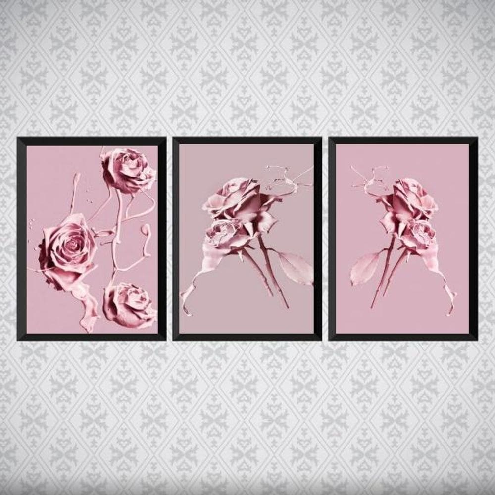 Kit 3 Quadros Flores Rosas Tinta 45X34Cm